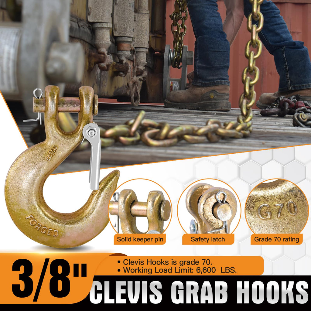 2 Pack 3/8" G70 Clevis Slip Hooks with Safety Latch T31785