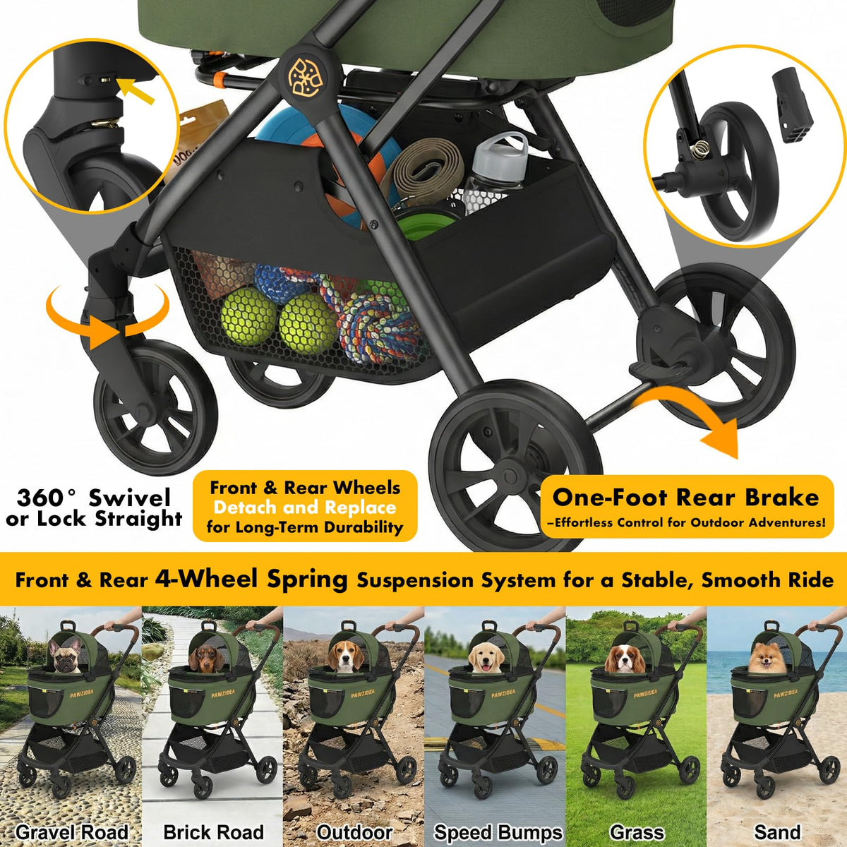 Foldable Pet Stroller with Detachable Carrier F360468