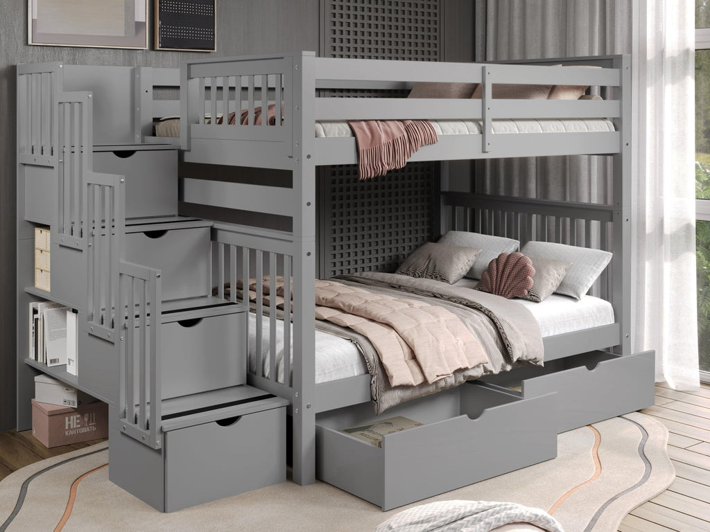 Full Over Full Gray Bunk Beds with Drawers L3835