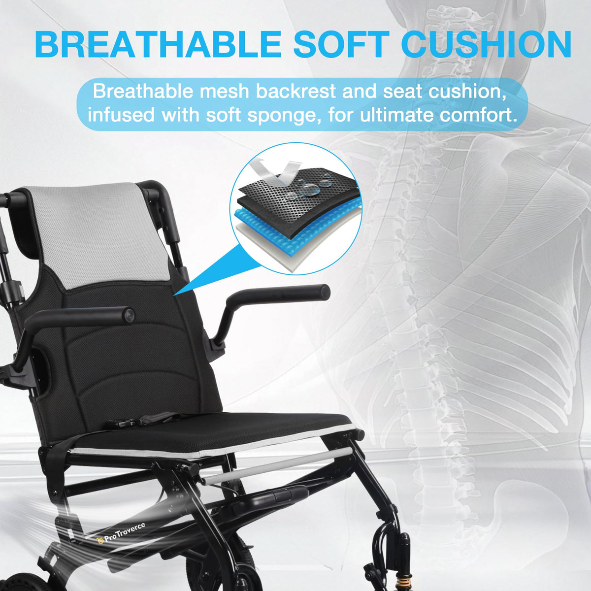 Lightweight Foldable Transport Wheelchair with Telescopic Handle, 18-Inch Seat, Grey O602