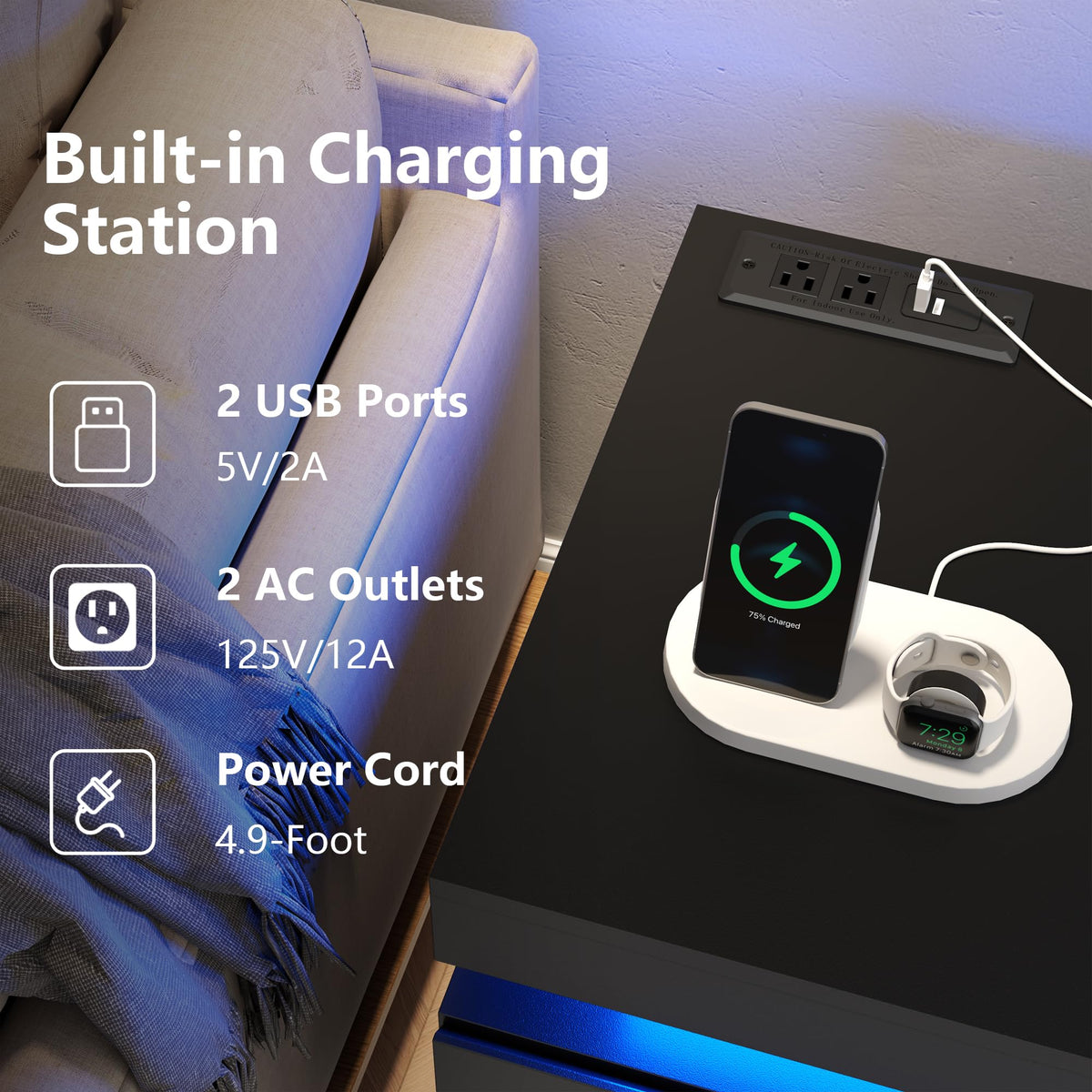 Nightstand with Charging Station, LED Lights, 3 Storage Drawers A5765