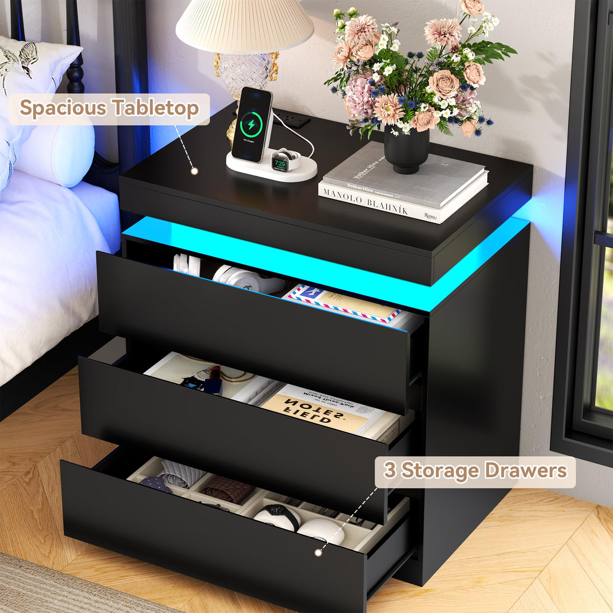 Nightstand with Charging Station, LED Lights, 3 Storage Drawers A5765