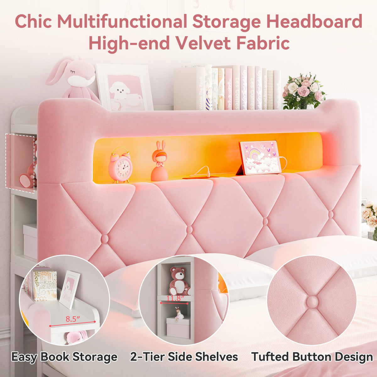 Pink Velvet Upholstered Platform Bed Frame with 2 Storage Drawers F8916