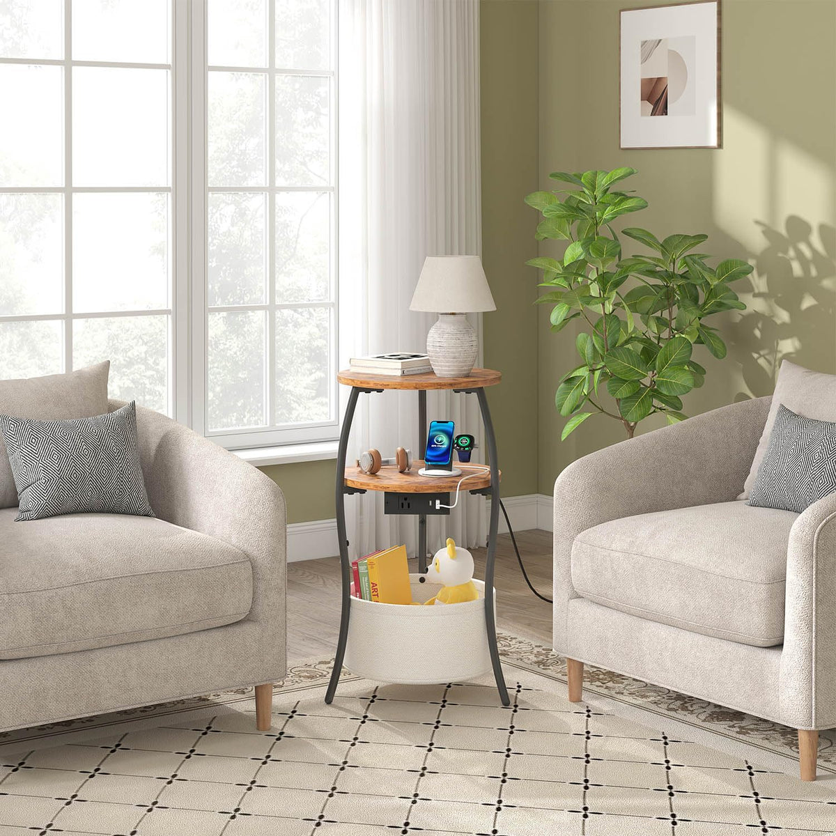 3-Tier Round End Table with Charging Station E625