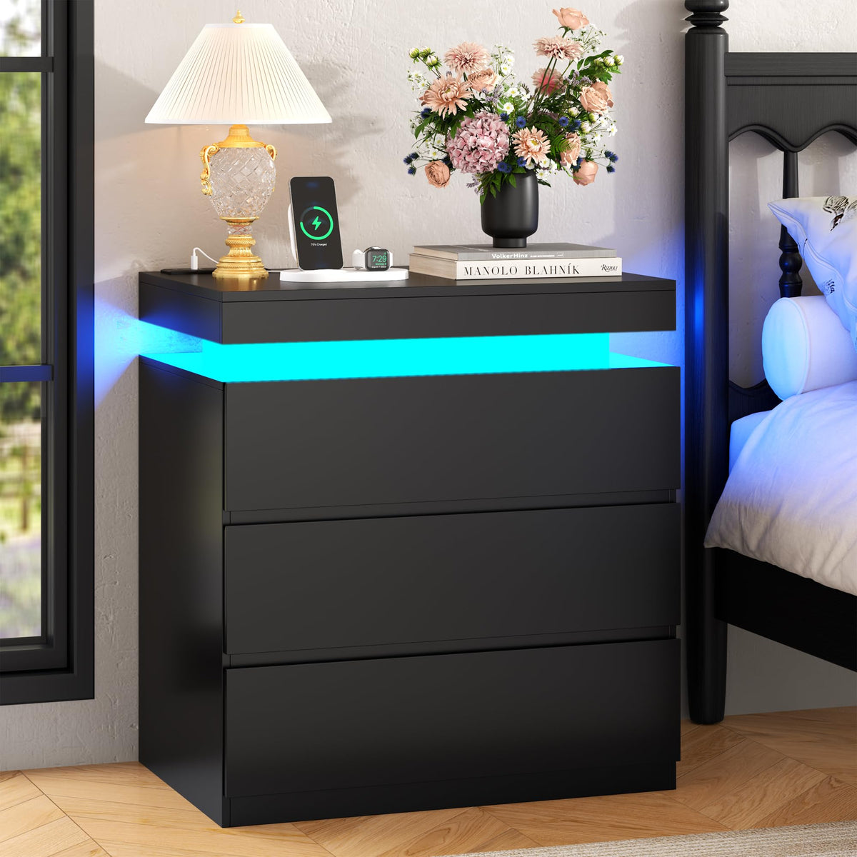Nightstand with Charging Station, LED Lights, 3 Storage Drawers A5765