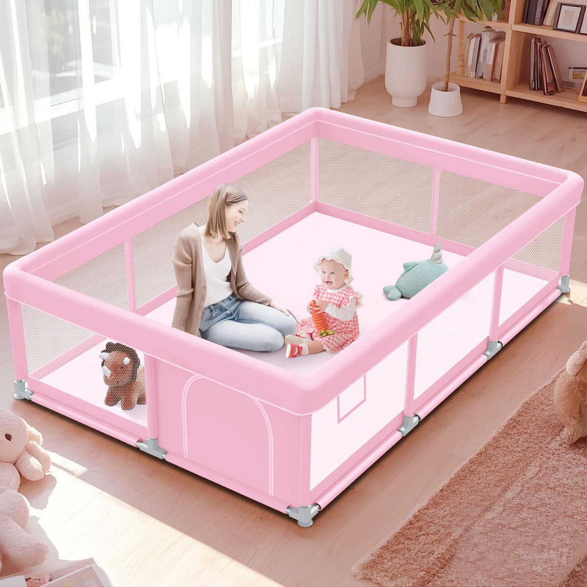 Pink Baby Playpen 74x50 Inches with Mesh S212688