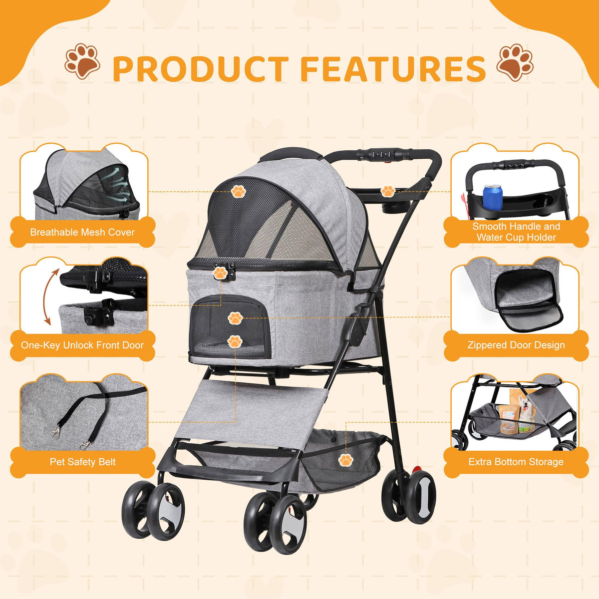 3 in1 Foldable Pet Stroller with 4 Wheels P8530