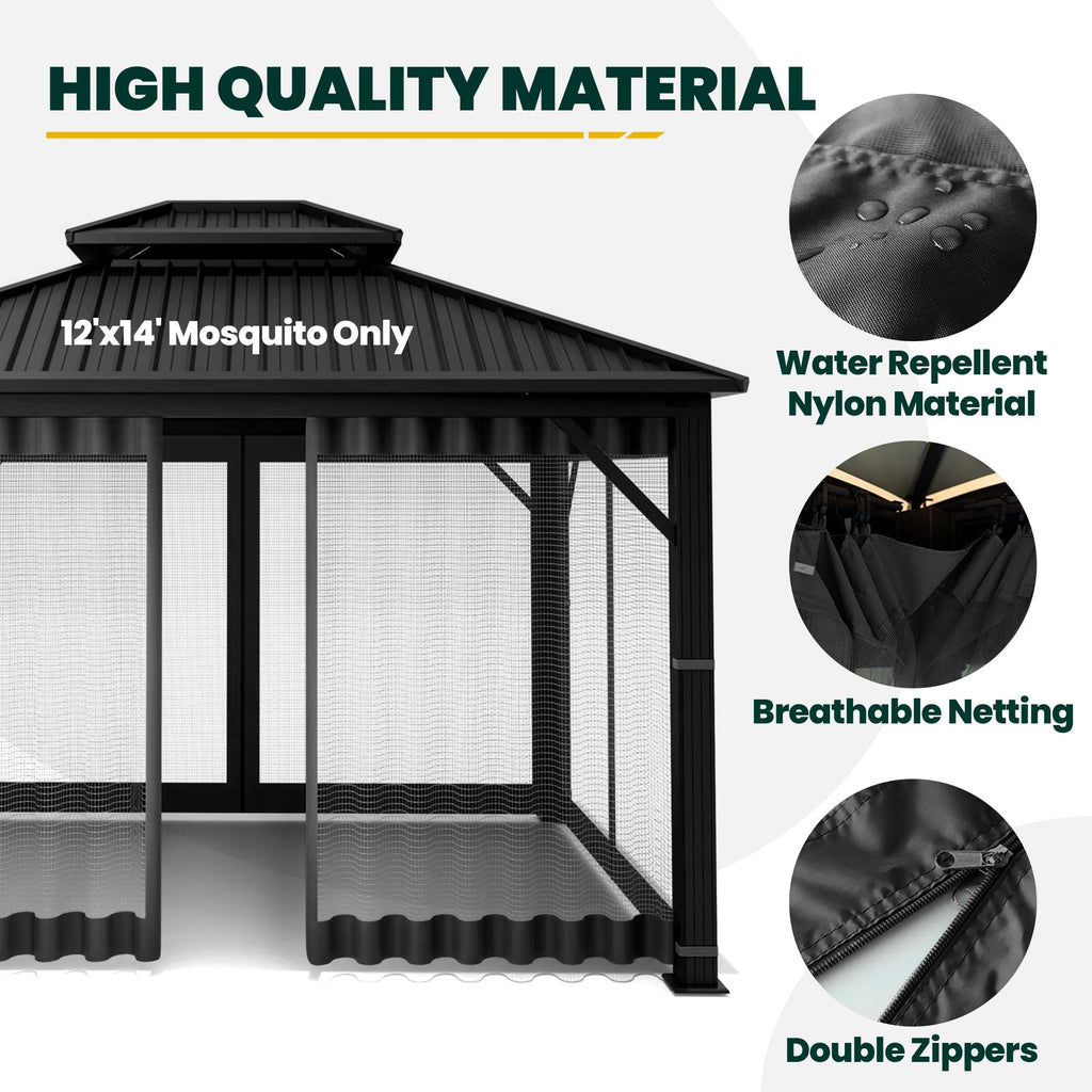 12' x 14' 4-Panel Gazebo Mosquito Netting with Zippers, Black Y2863