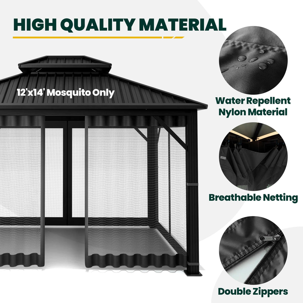 12' x 14' 4-Panel Gazebo Mosquito Netting with Zippers, Black Y2863
