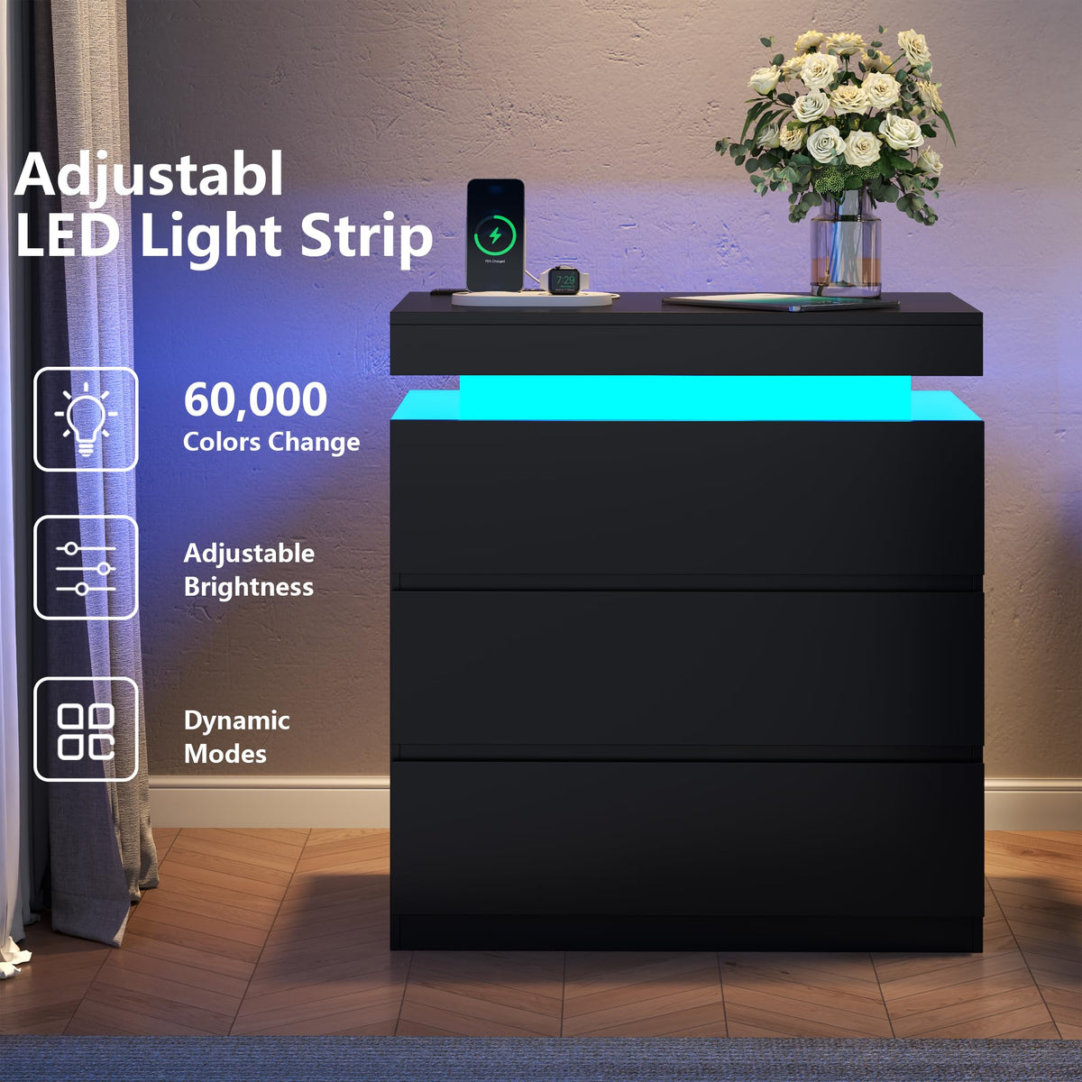 Nightstand with Charging Station, LED Lights, 3 Storage Drawers A5765
