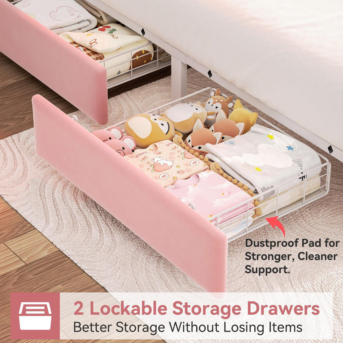Pink Velvet Upholstered Platform Bed Frame with 2 Storage Drawers F8916