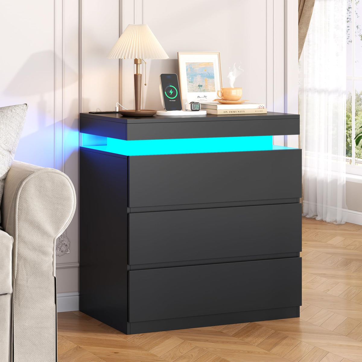 Nightstand with Charging Station, LED Lights, 3 Storage Drawers A5765