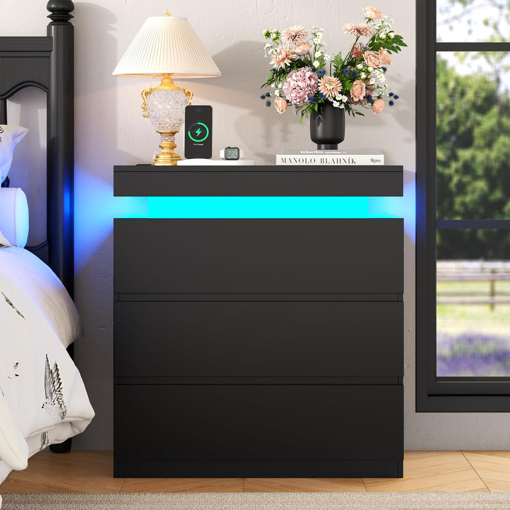 Nightstand with Charging Station, LED Lights, 3 Storage Drawers A5765