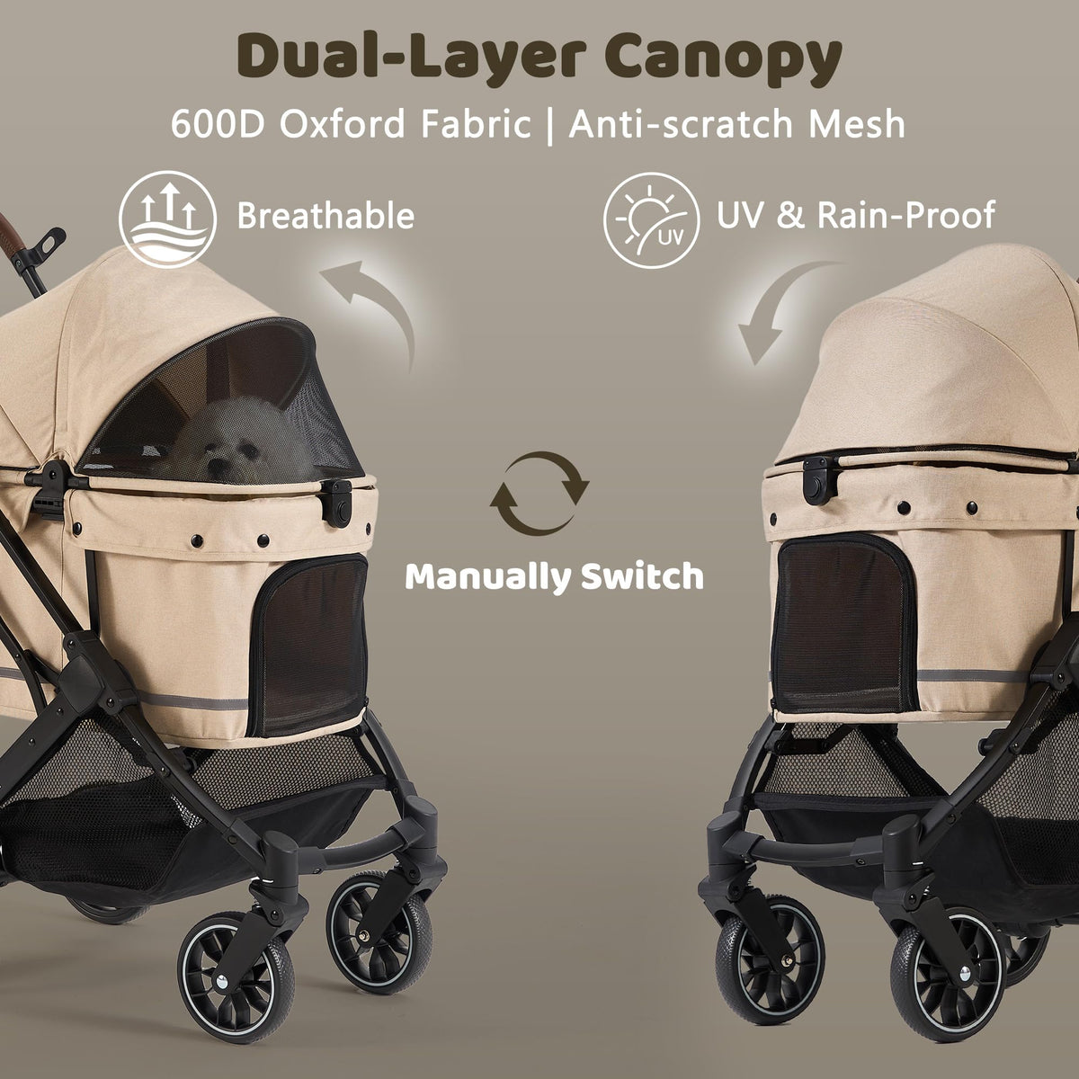 All-Terrain Dog Stroller, One-Hand Fold, Anti-UV Waterproof Canopy, Vanilla Beige I459