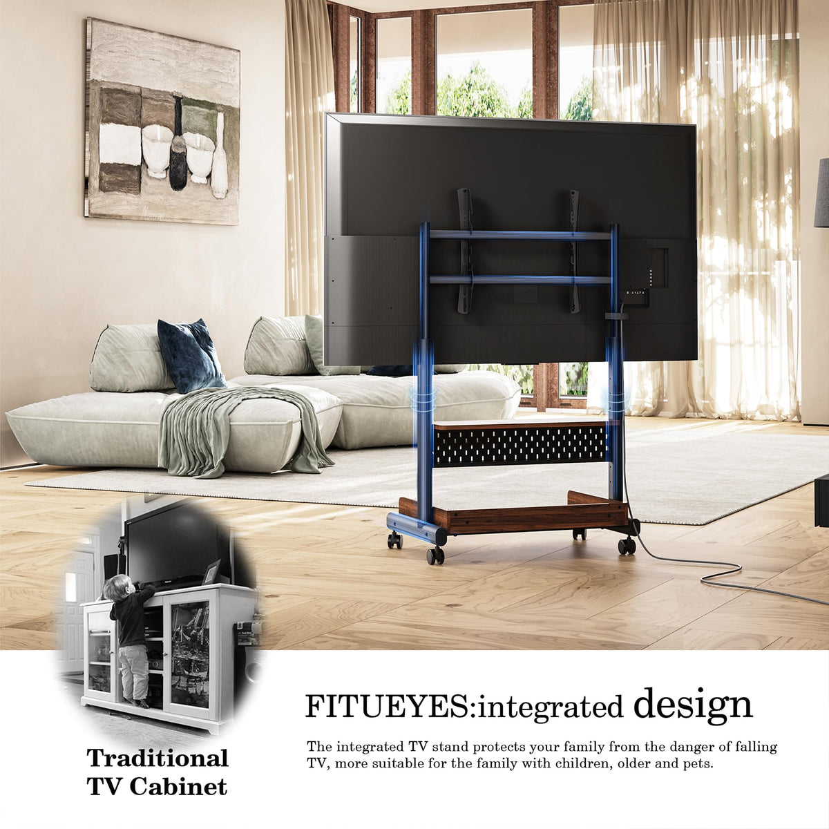 Rolling TV Stand Mount with Wooden Shelf N7773