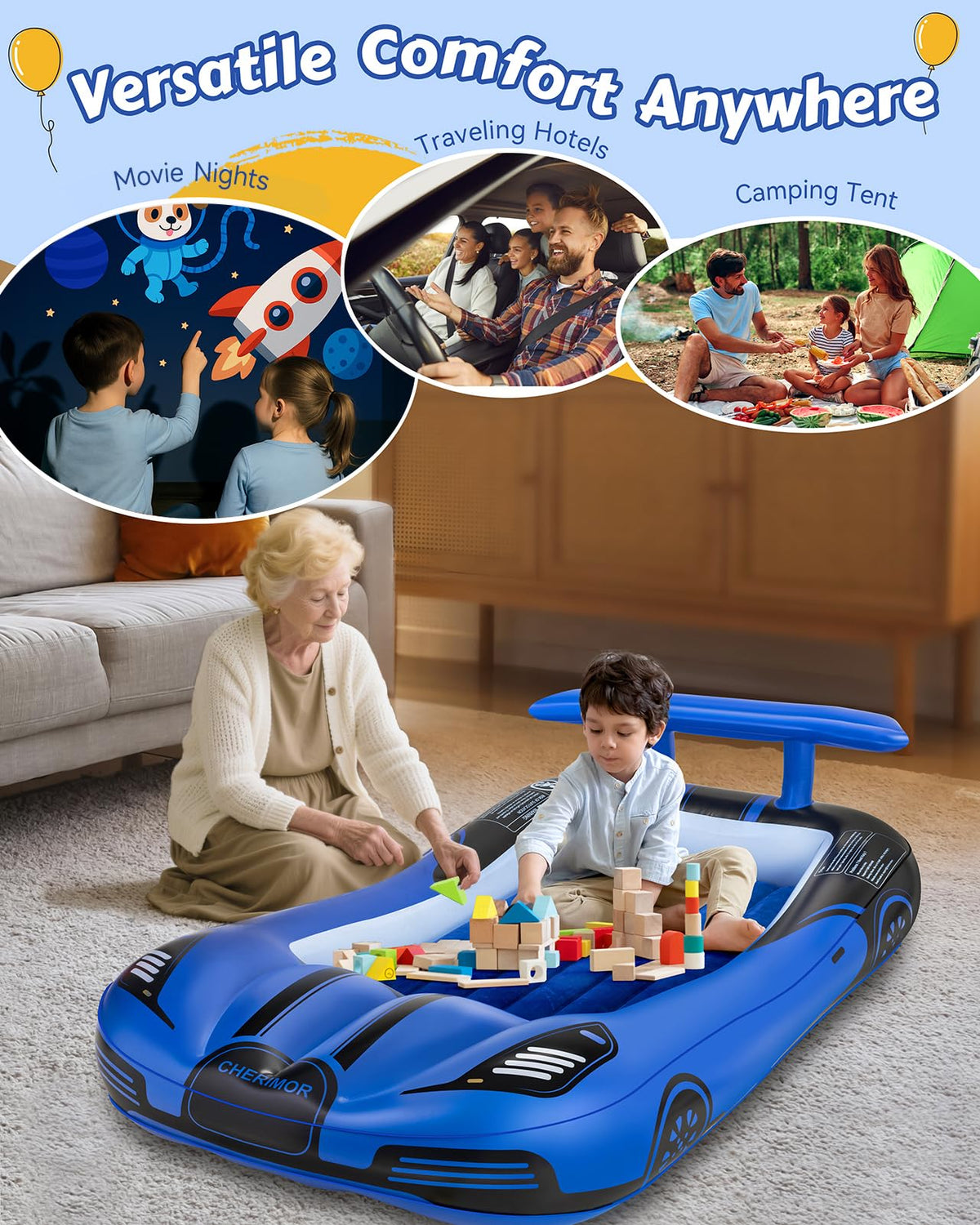 Inflatable Toddler Travel Bed with Safety Bumpers & Auto Pump J5859