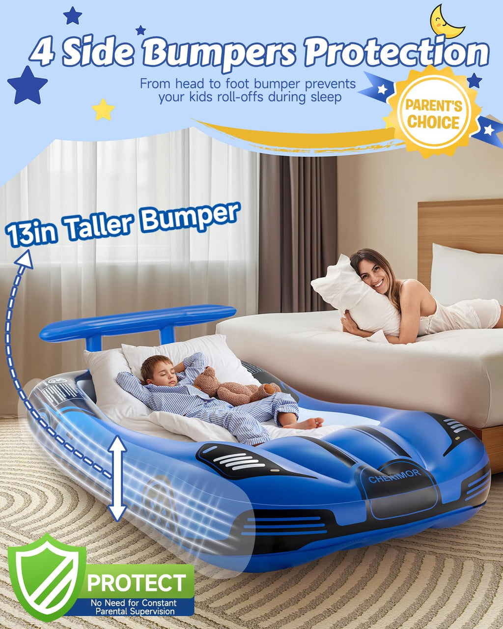 Inflatable Toddler Travel Bed with Safety Bumpers & Auto Pump J5859