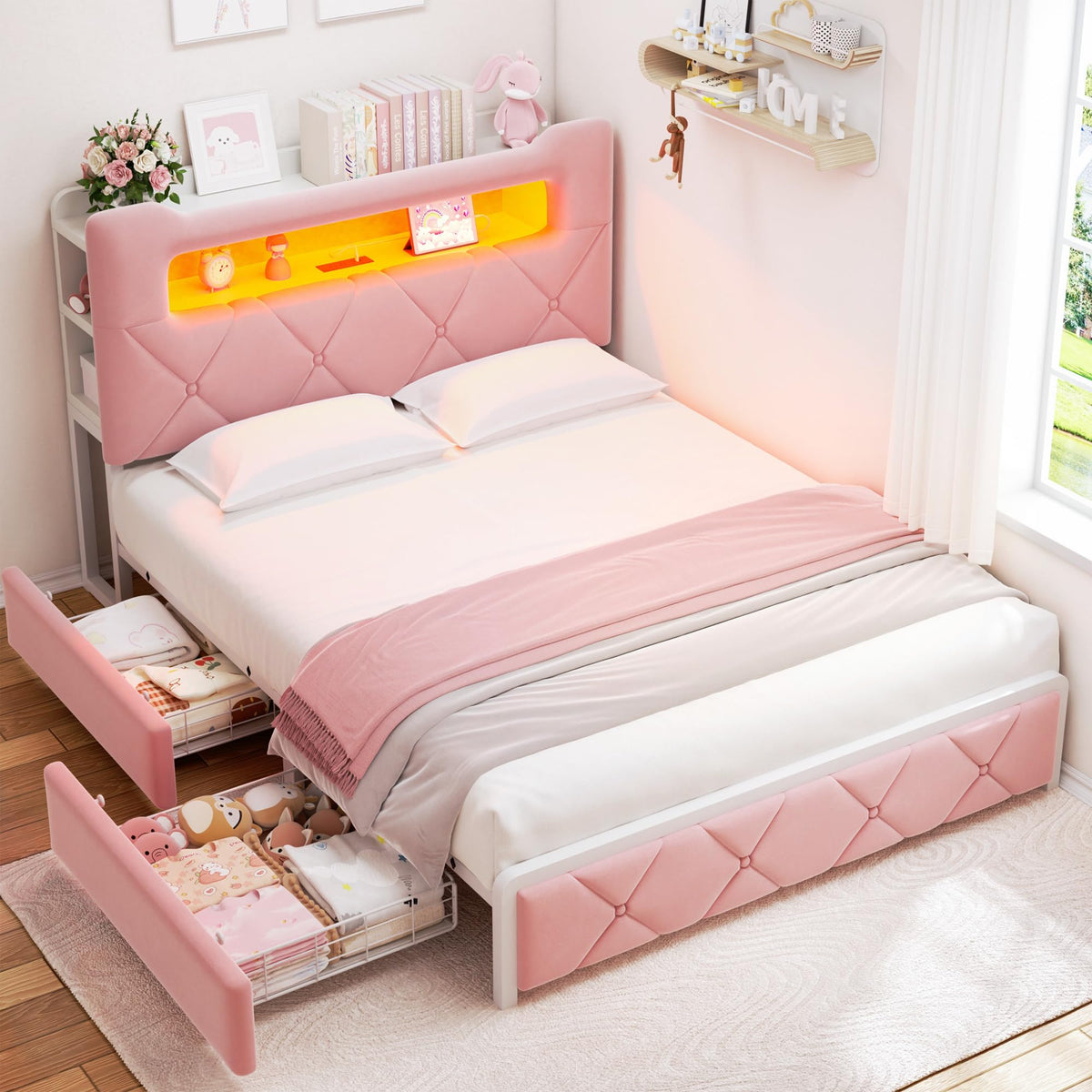 Pink Velvet Upholstered Platform Bed Frame with 2 Storage Drawers F8916