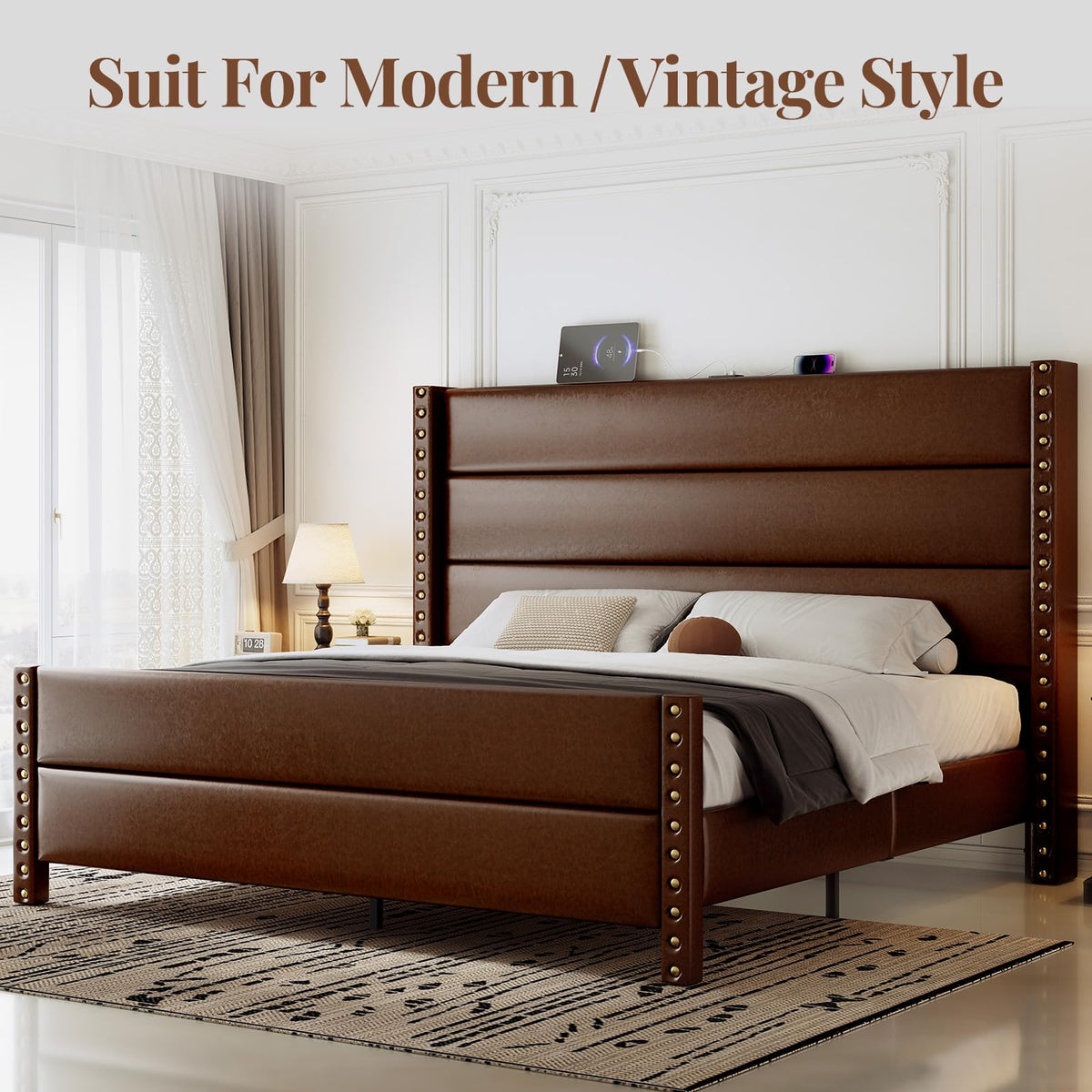 King Size Brown Faux Leather Platform Bed Frame W17566