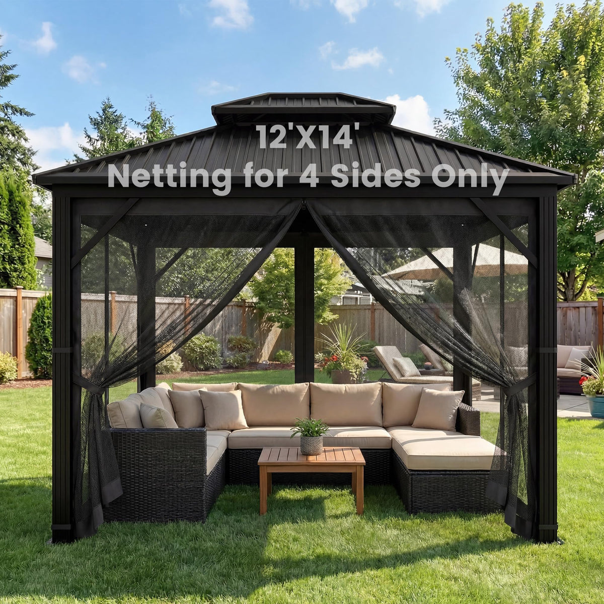 12' x 14' 4-Panel Gazebo Mosquito Netting with Zippers, Black Y2863